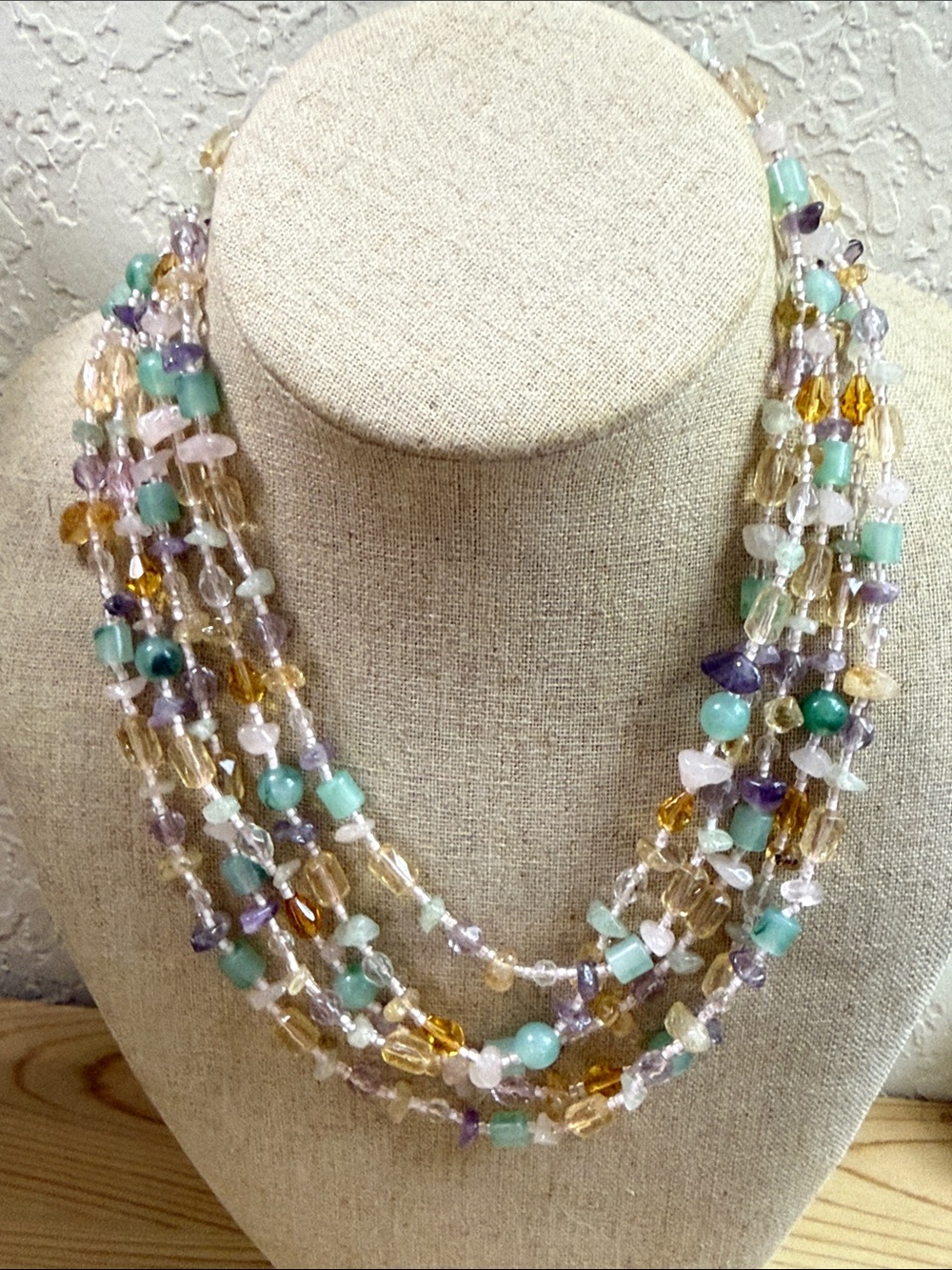 Monet Multi-Strand Beaded Necklace in Mint, Purple, Pink & Gold